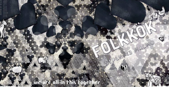 Ett svartvitt grafiskt kollage med hjärtan, stjärnor och djur, på bilden står även texten ”Folkkök, STPLN hjärta Malmö, we are all in this together”